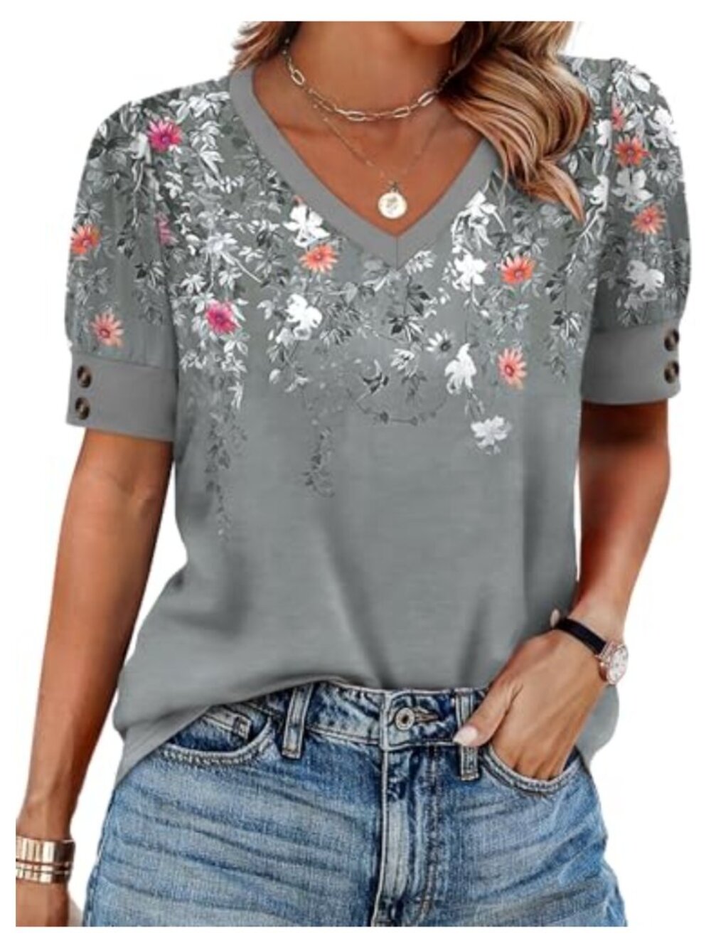Womens Floral V-Neck Short Sleeve Blouse Loose Fit Button Accent Curved Hem
